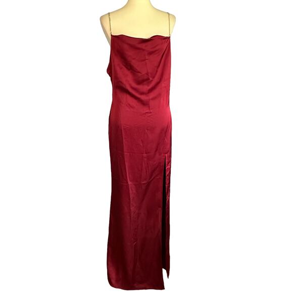 NBD Red Satin Maxi Slip Dress MEDIUM Gown Cowl Backless Slit Formal $258 NEW - Picture 5 of 9